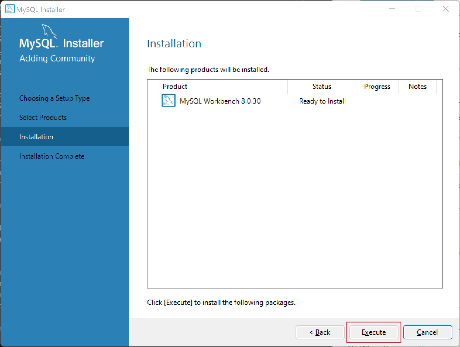 Screenshot showing the installation page of the MySQL setup wizard.