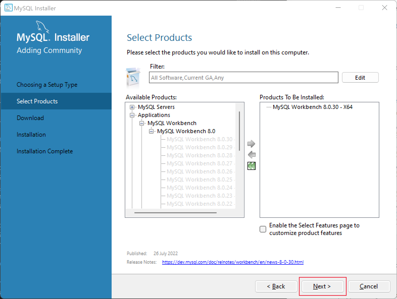Screenshot showing the product selection page of the MySQL setup wizard.