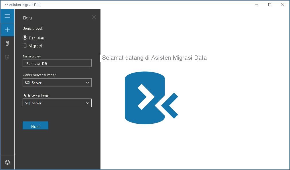 Screenshot of the Data Migration Assistant with the New assessment dialog open.
