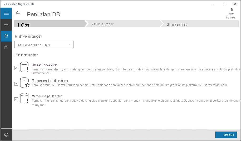 Screenshot of the Data Migration Assistant assessment tab opened to the first step requiring user to select options.