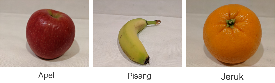 Foto buah diklasifikasikan sebagai Apel, Pisang, dan Oranye.