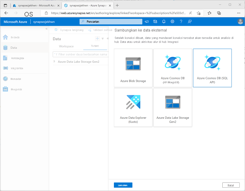 A screenshot of Azure Synapse Studio showing the Connect to external data page.