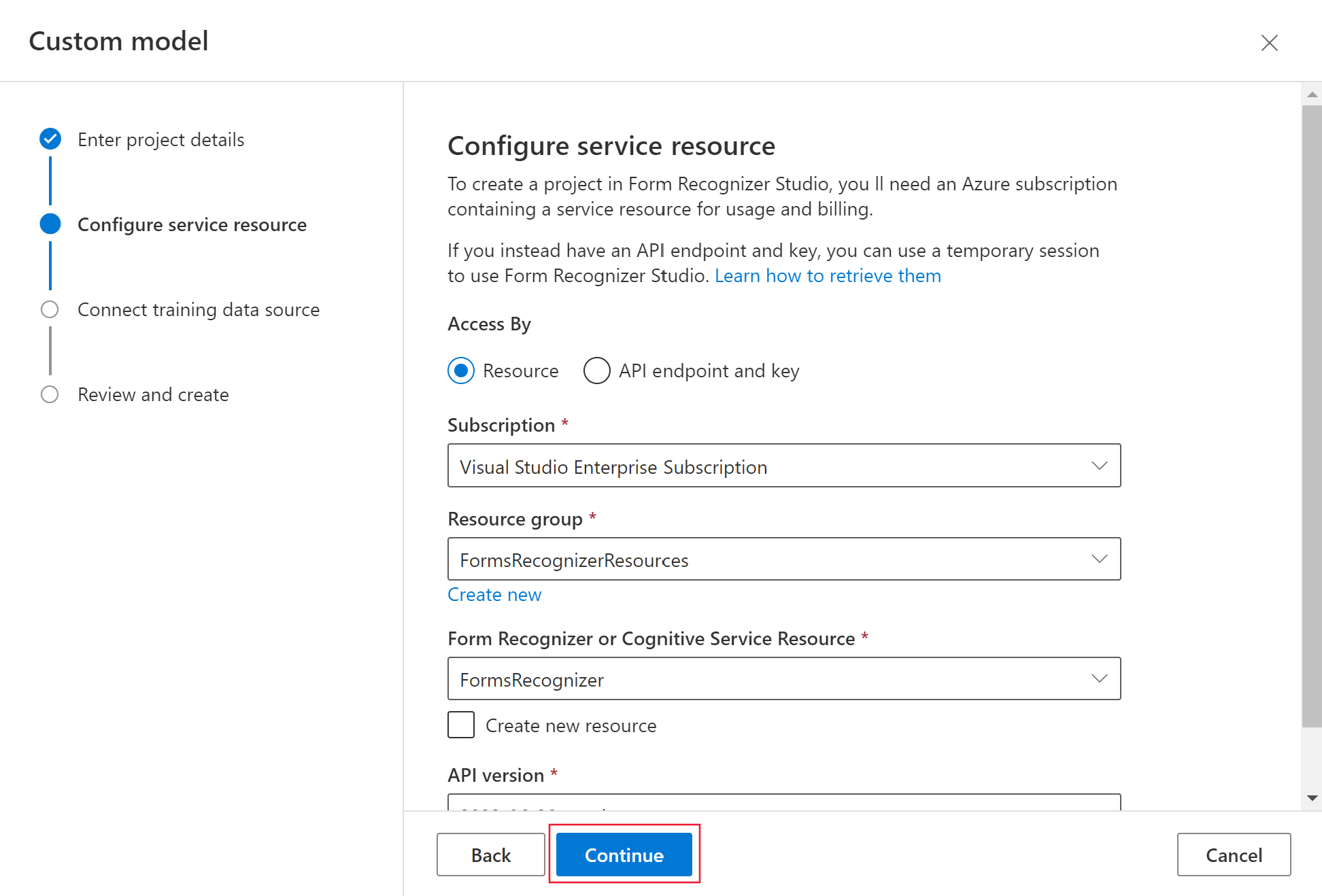 Screenshot showing the Configure service resources page in Azure AI Document Intelligence Studio custom model wizard.