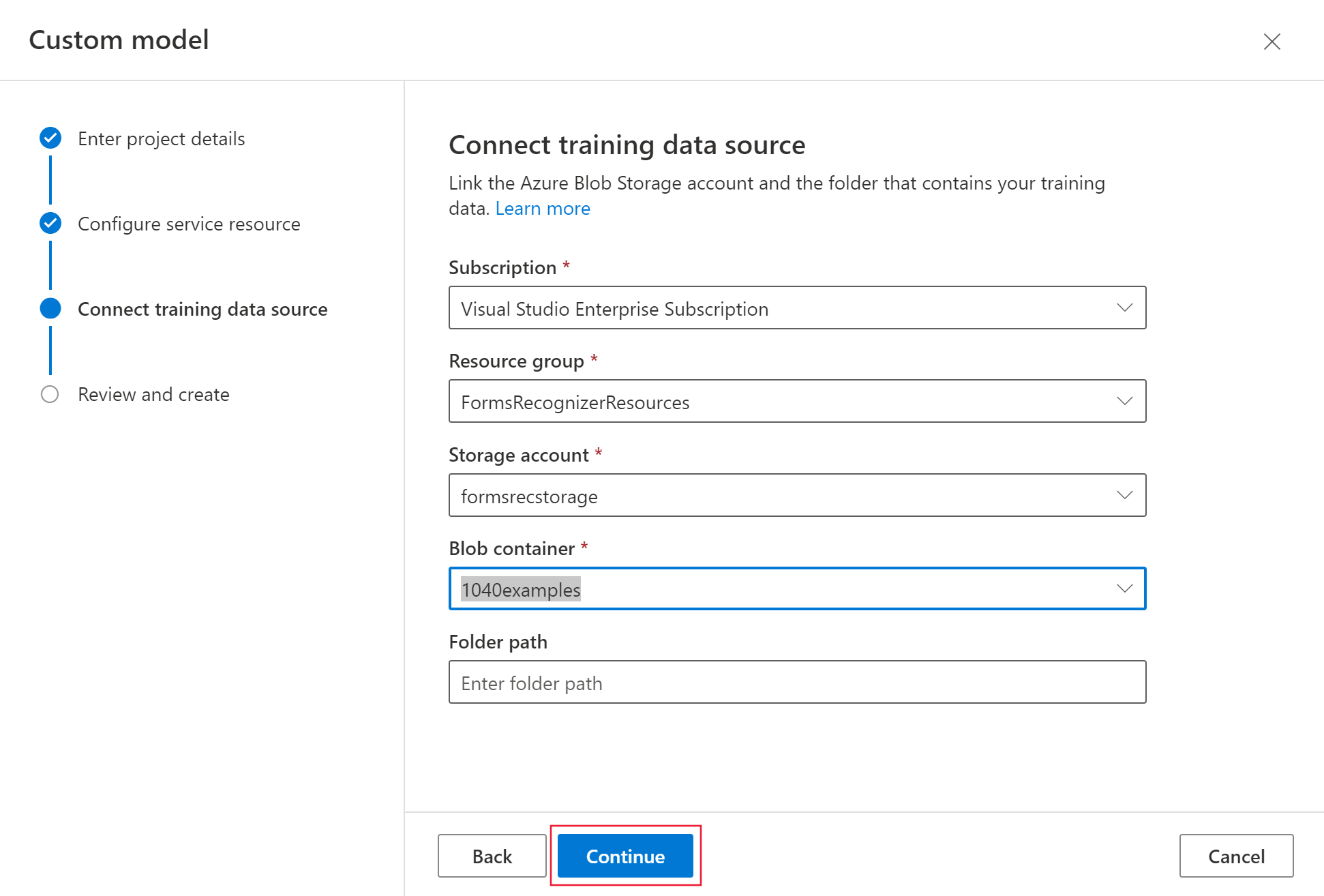 Screenshot showing the Connect training data source page in Azure AI Document Intelligence Studio custom model wizard.