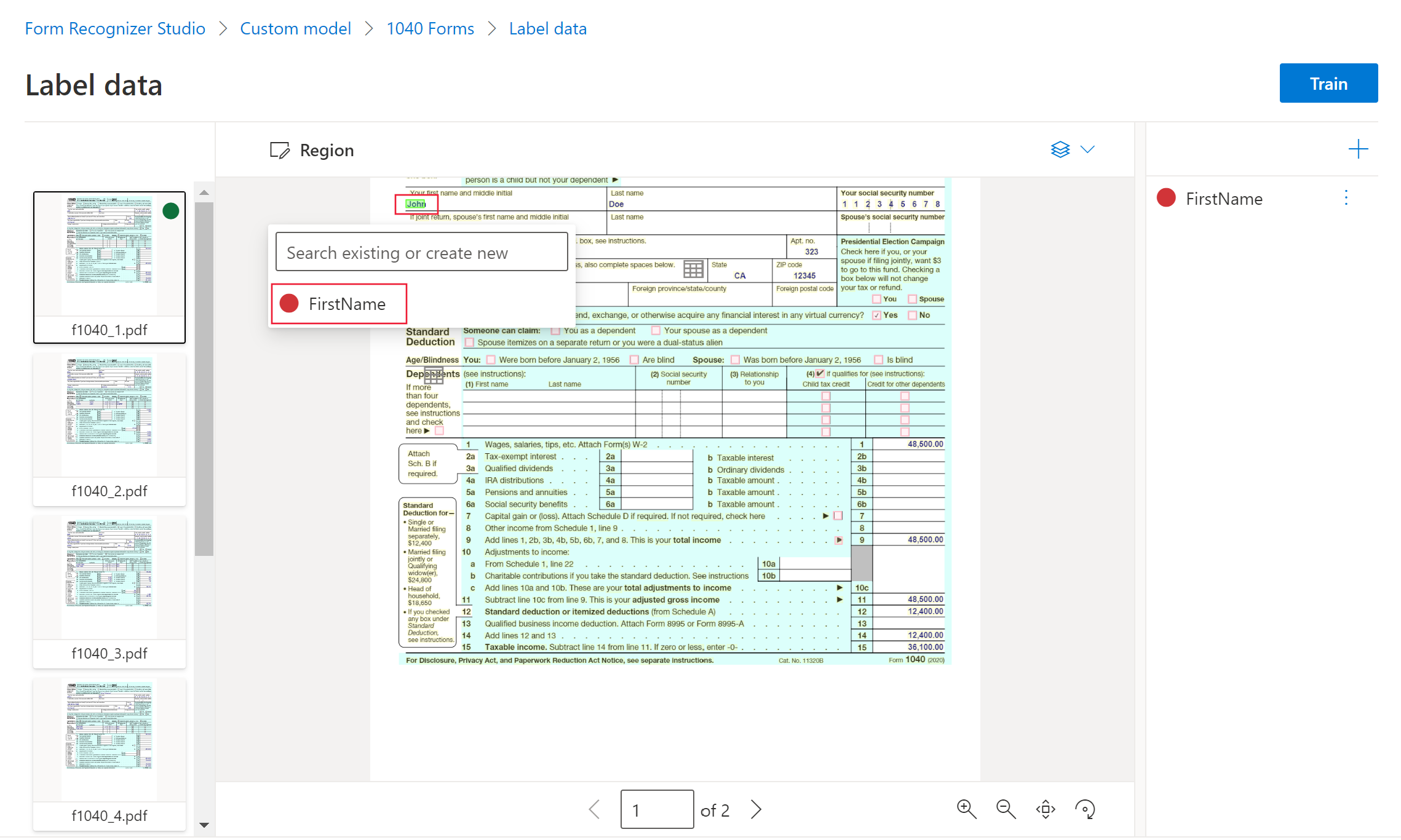 Screenshot showing how to complete a new label in Azure AI Document Intelligence Studio.