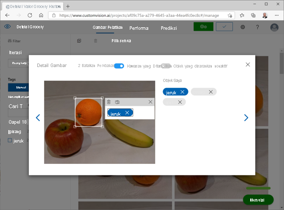 Cuplikan layar portal Custom Vision Azure AI.