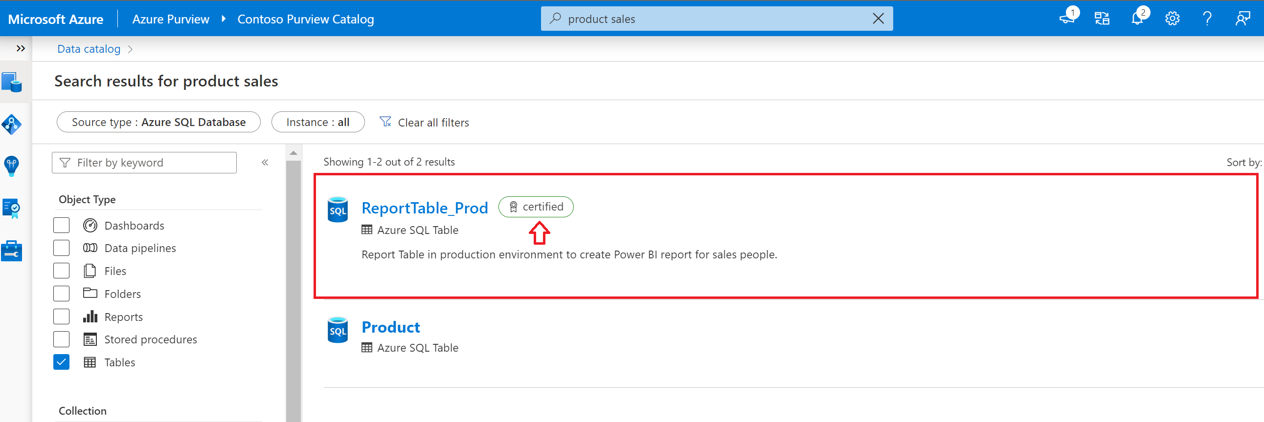 Microsoft Purview data catalog search results, displaying two Azure SQL database tables, one of which is certified.