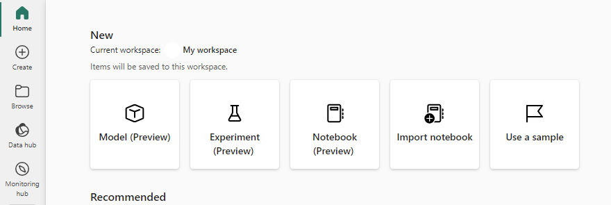 Cuplikan layar tindakan yang tersedia di ruang kerja Data Science di Microsoft Fabric.