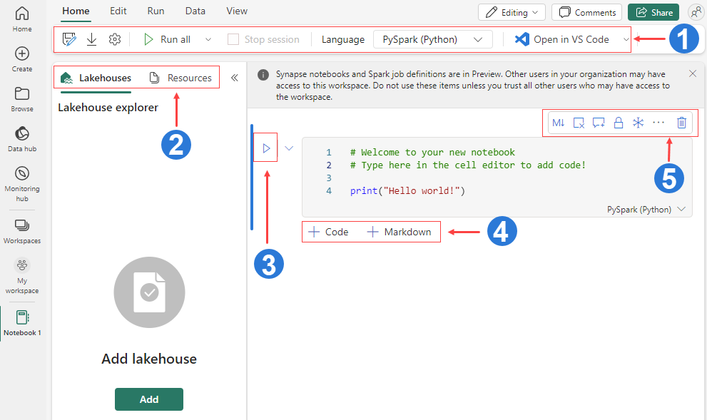 Cuplikan layar opsi yang tersedia di buku catatan Microsoft Fabric.