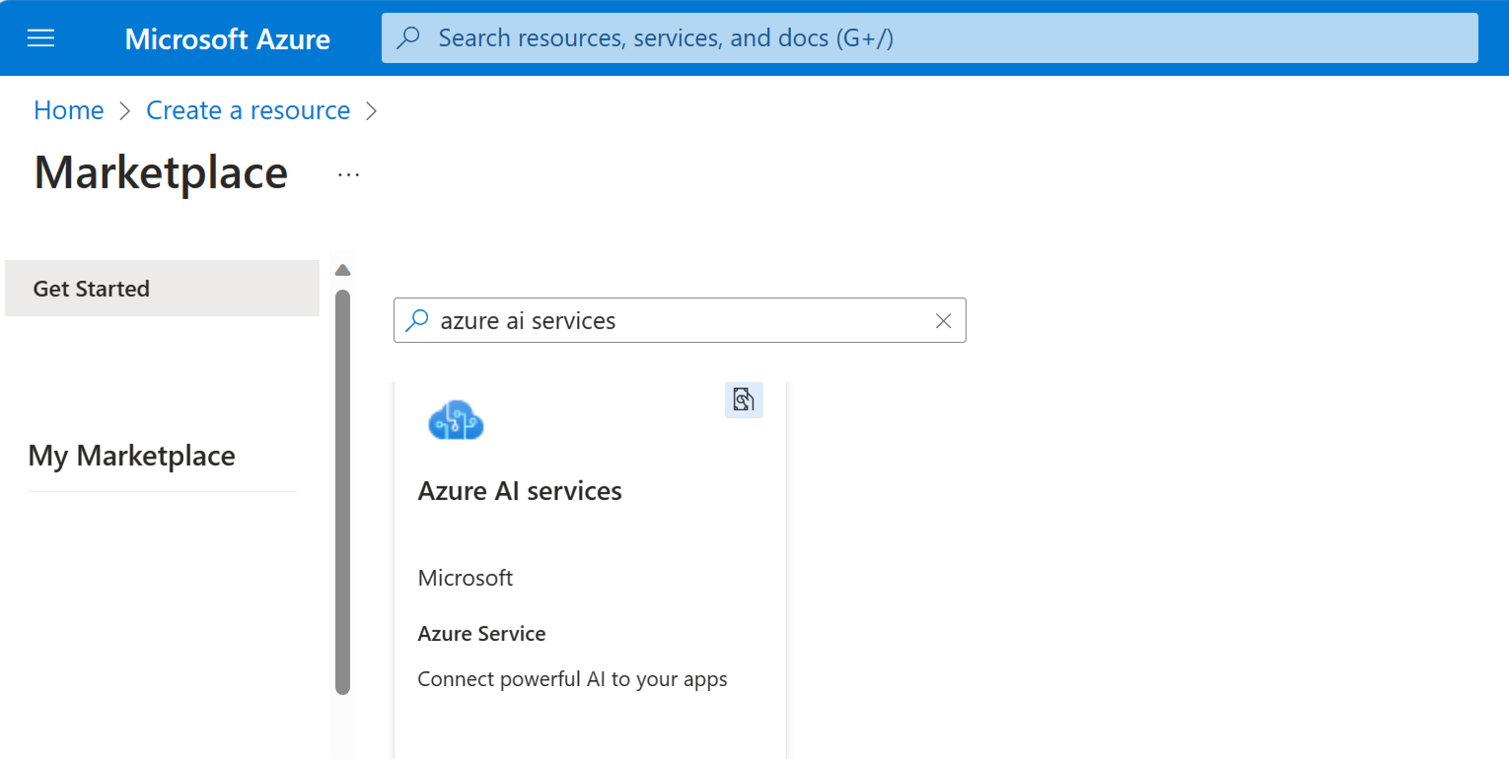 Screenshot of Azure AI services in the Azure portal marketplace.