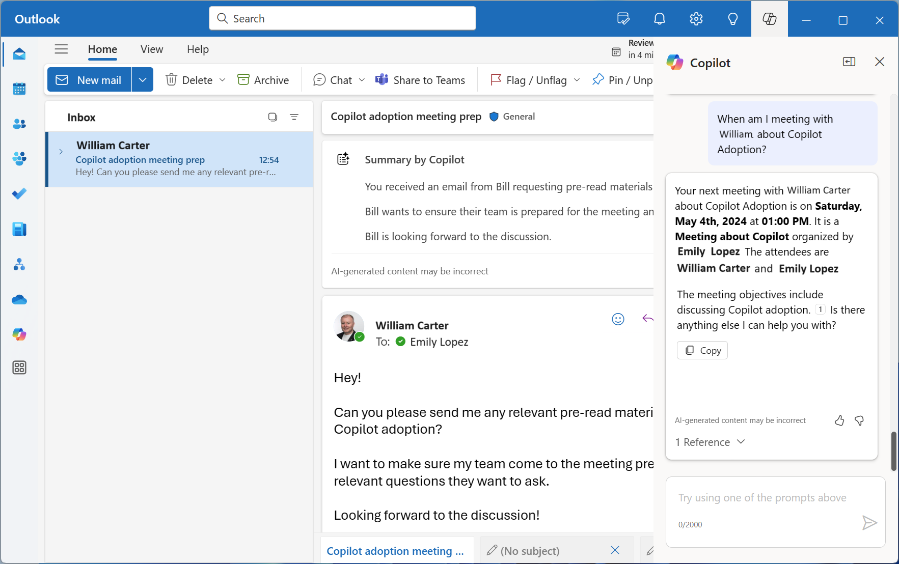 Cuplikan layar Microsoft Copilot untuk Microsoft 365 dengan contoh di Outlook.