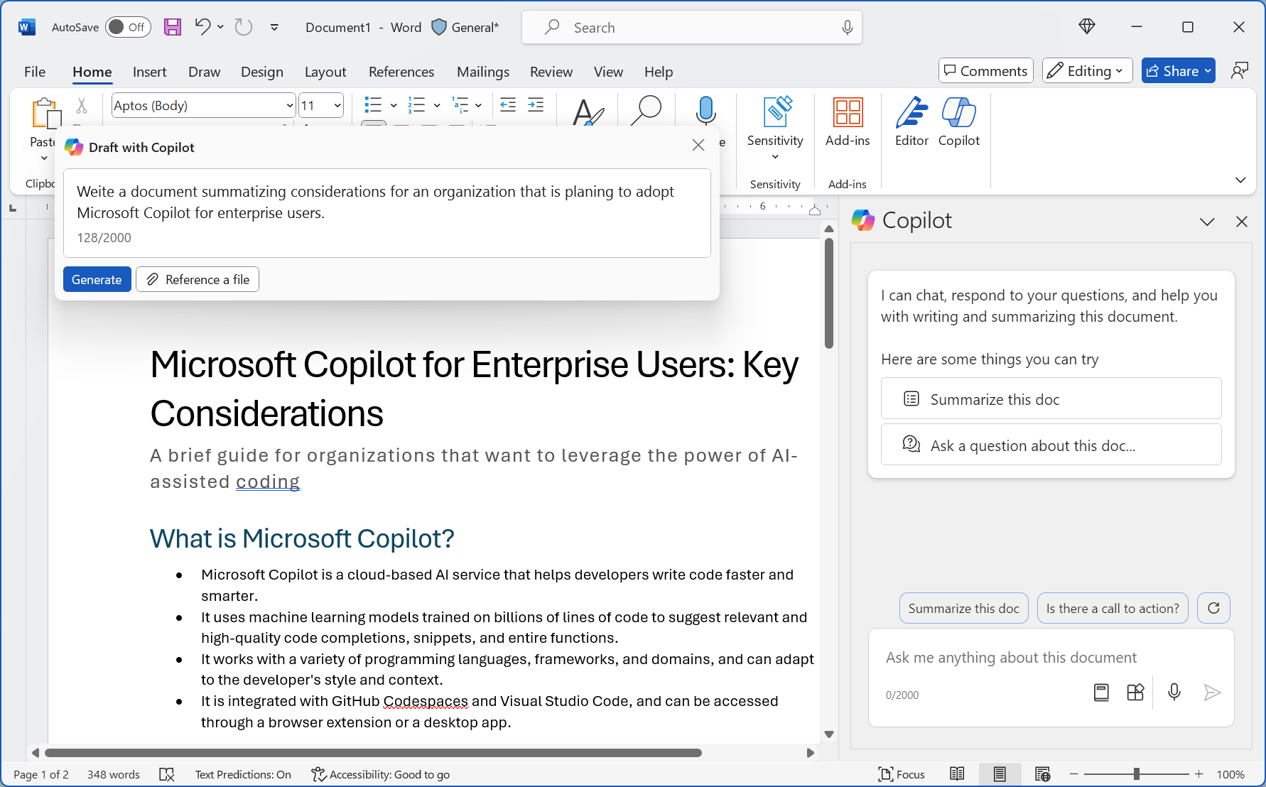 Cuplikan layar Microsoft Copilot untuk Microsoft 365 dengan contoh di Word.