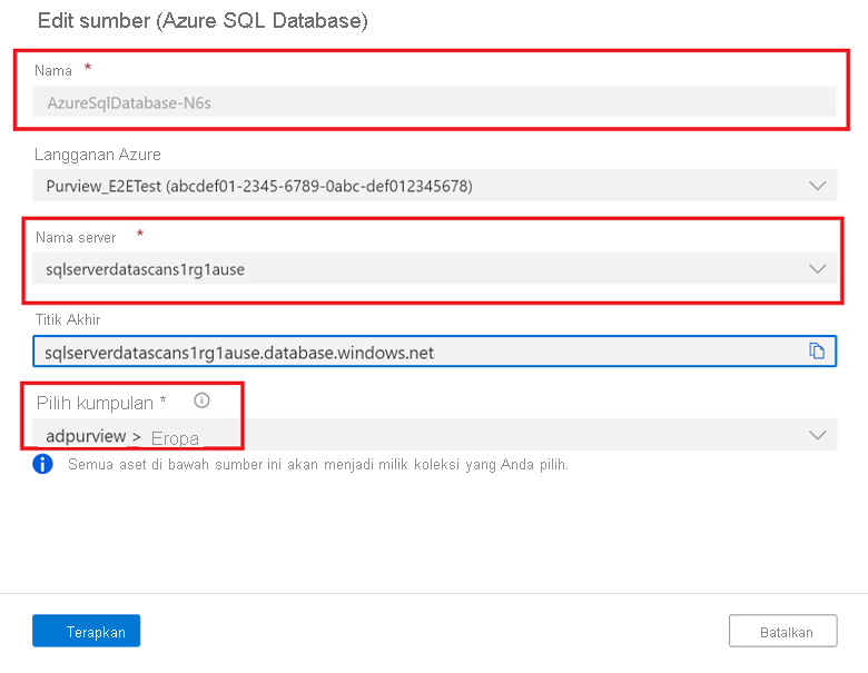 Cuplikan layar yang memperlihatkan detail yang akan dimasukkan untuk mendaftarkan sumber data.