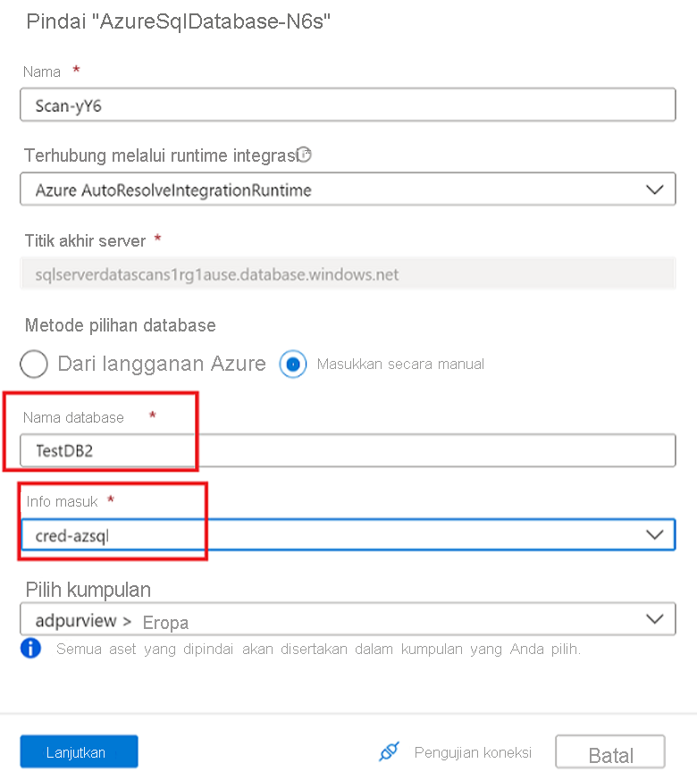 Cuplikan layar yang memperlihatkan opsi Autentikasi SQL untuk pemindaian.
