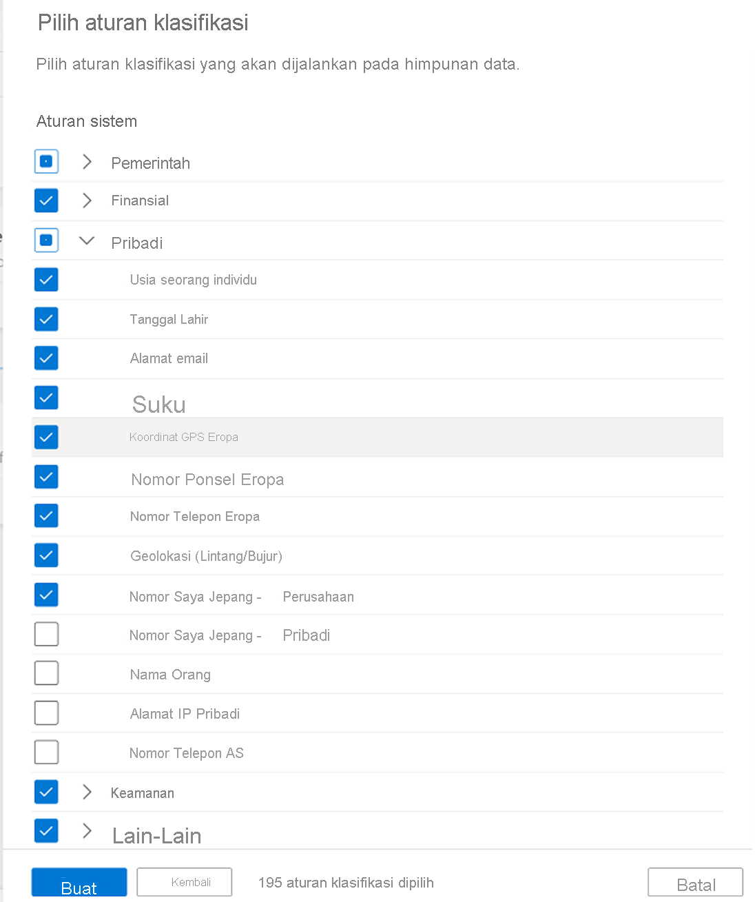 Cuplikan layar aturan klasifikasi dari seperangkat aturan pemindaian untuk Microsoft Purview.