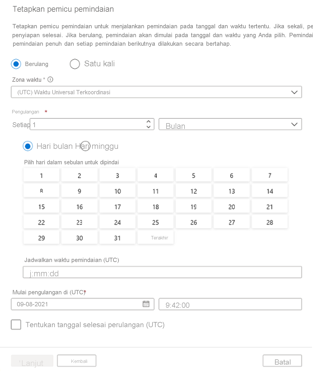 Cuplikan layar opsi pemicu pemindaian untuk Microsoft Purview.