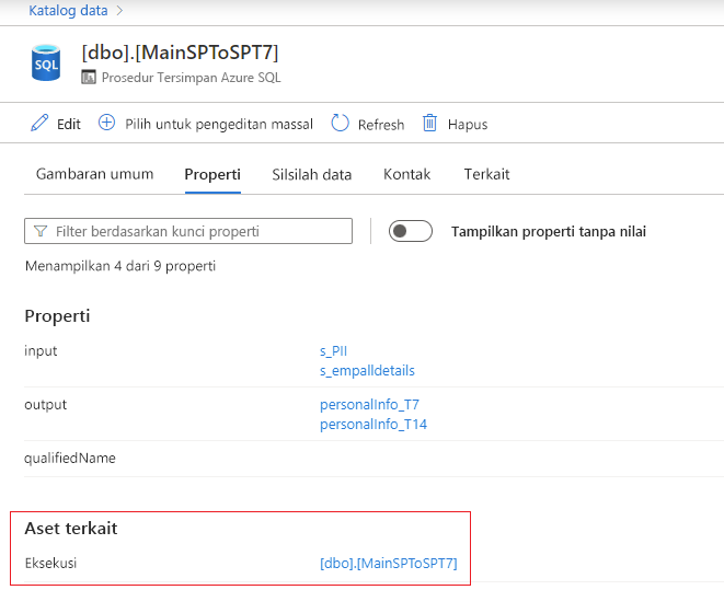 Cuplikan layar yang memperlihatkan layar dengan properti prosedur tersimpan yang berisi eksekusi.