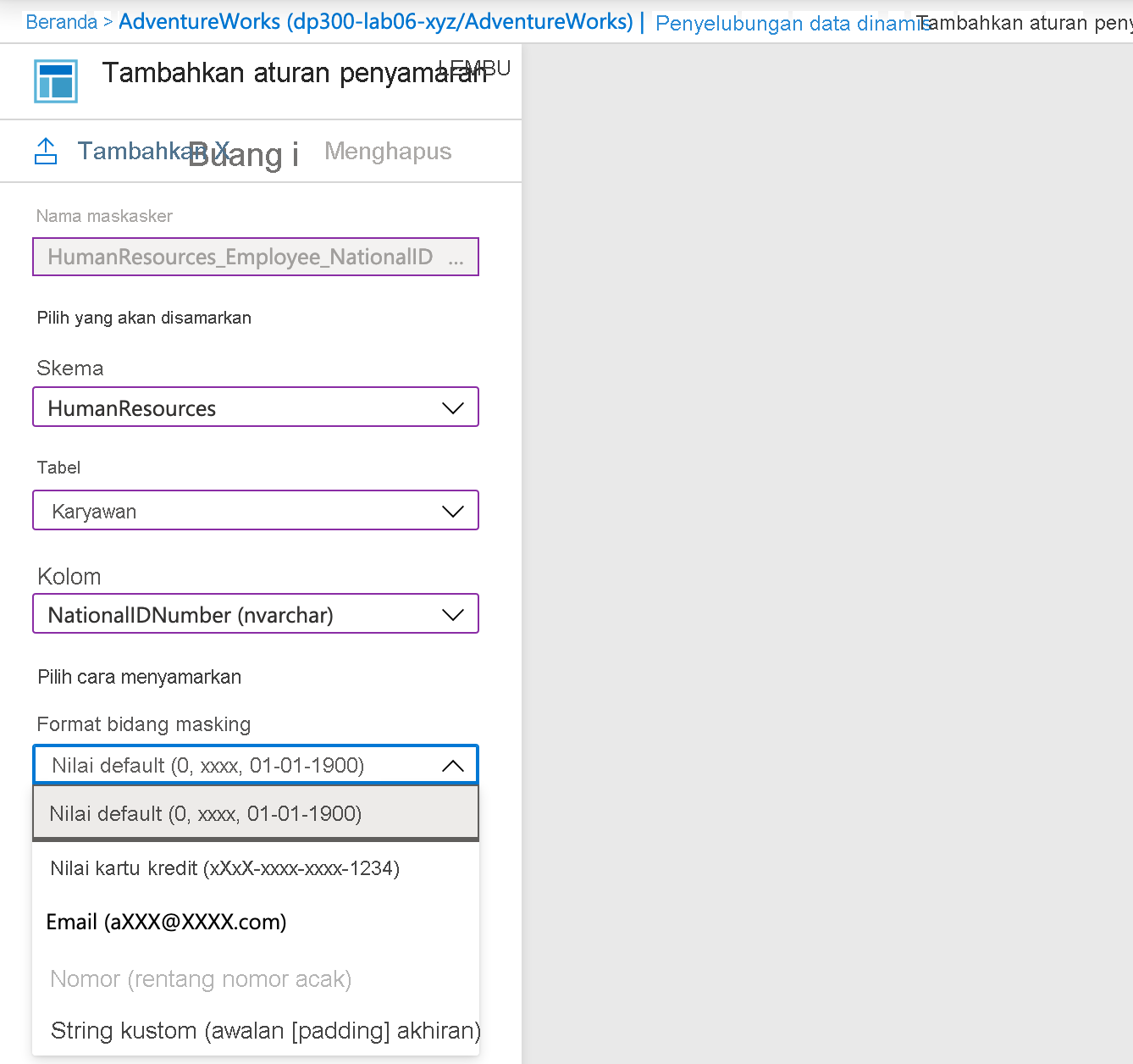 Cuplikan layar cara menambahkan aturan masking di portal Microsoft Azure.