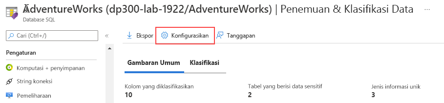 Cuplikan layar cara menyesuaikan taksonomi klasifikasi dari portal Microsoft Azure.
