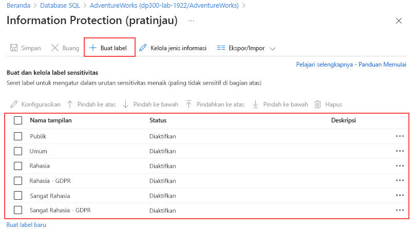 Cuplikan layar halaman Perlindungan Informasi dari portal Microsoft Azure.