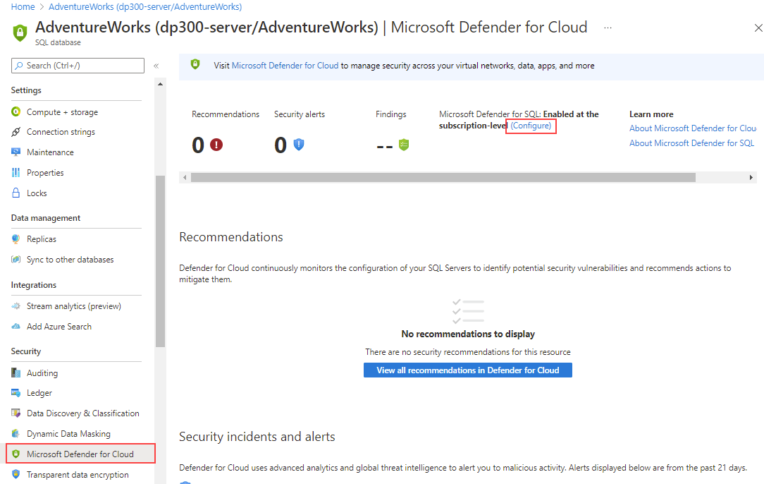 Cuplikan layar cara mengaktifkan Pertahanan Microsoft untuk SQL.