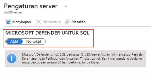Cuplikan layar halaman pengaturan server untuk mengaktifkan Pertahanan Microsoft untuk SQL.