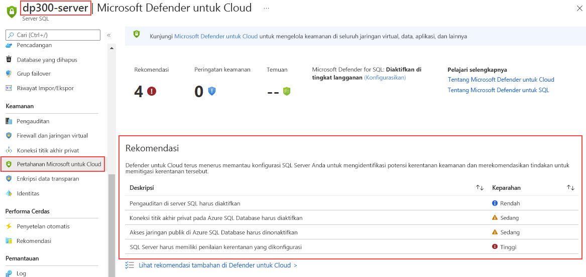Cuplikan layar rekomendasi Pertahanan Microsoft untuk SQL di tingkat server.