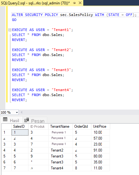 Cuplikan layar perintah T-SQL untuk mengubah kebijakan keamanan.