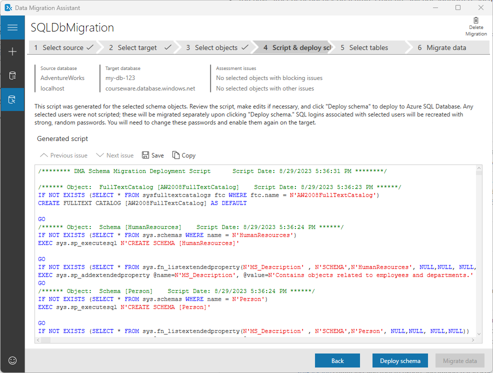 Cuplikan layar memperlihatkan skrip yang dihasilkan pada Asisten Migrasi Data.