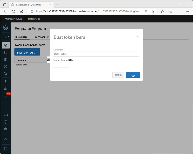 A screenshot of the Access tokens tab in the User Settings page in the Azure Databricks portal.