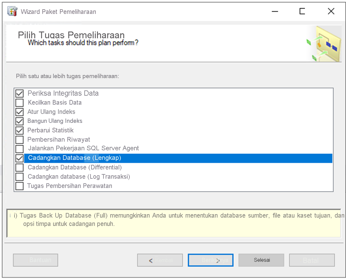 Cuplikan layar memperlihatkan tugas pemeliharaan yang tersedia pada wizard rencana pemeliharaan.