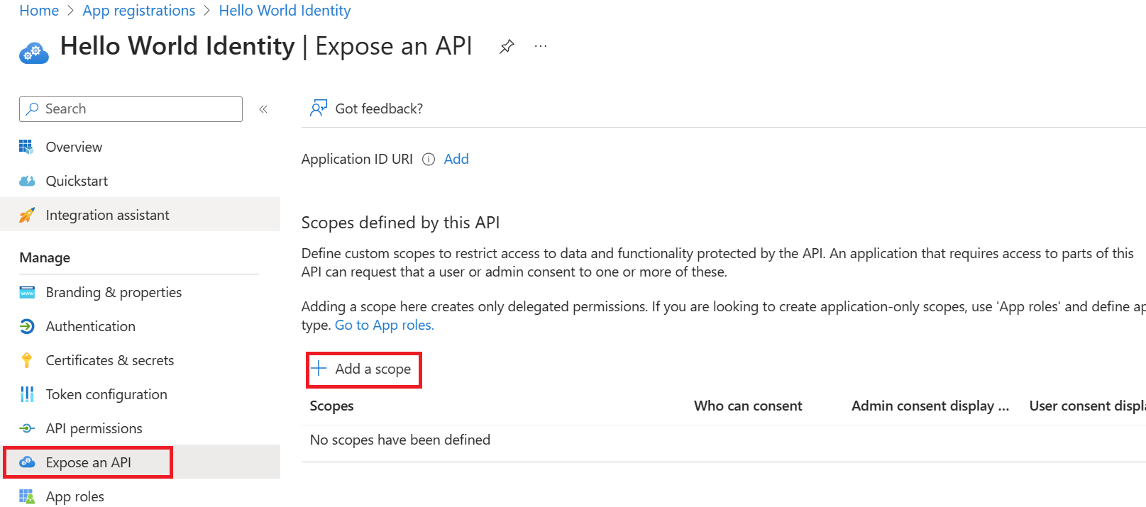 Cuplikan layar panel Ekspos API pendaftaran aplikasi di pusat admin Microsoft Entra.