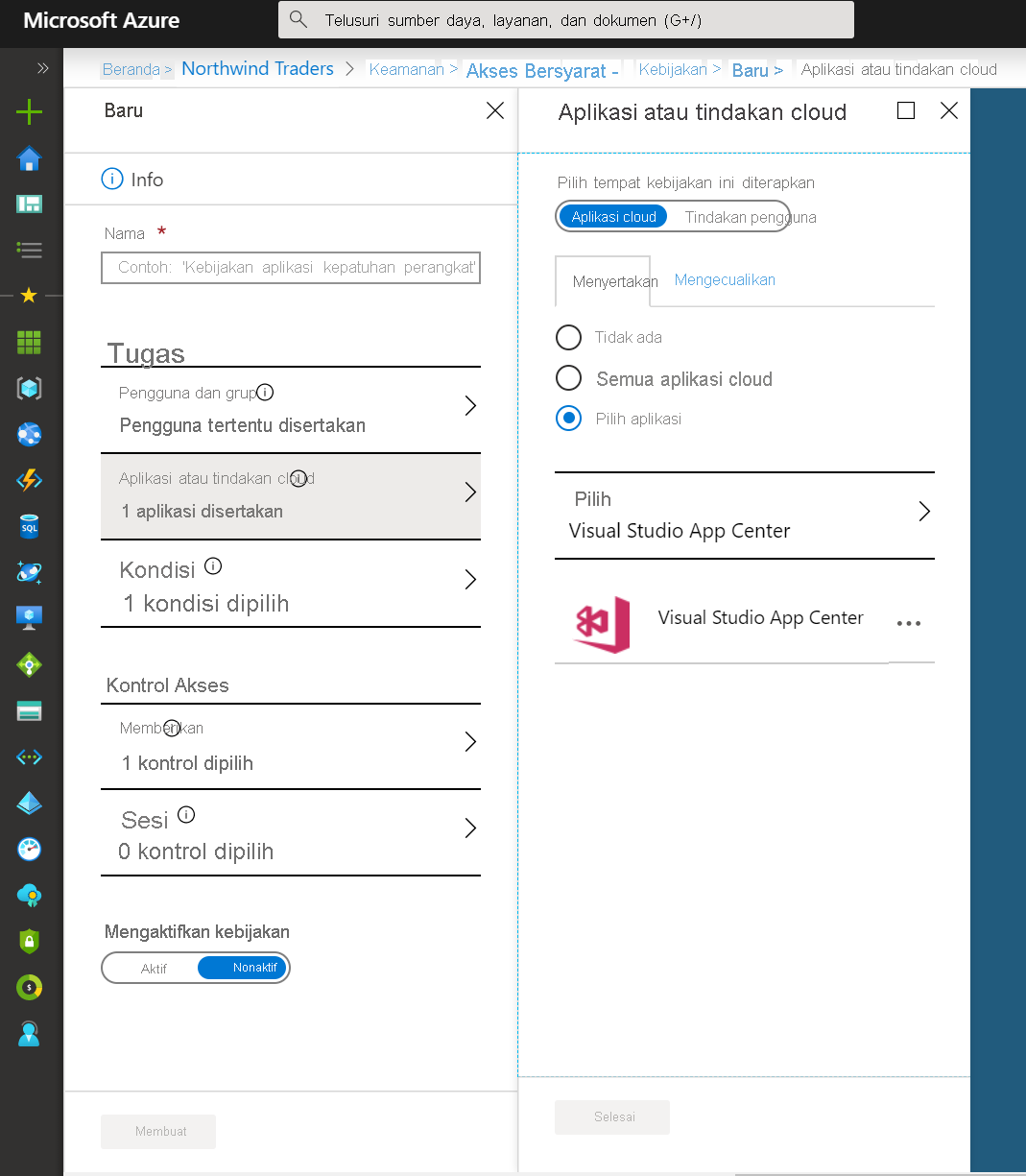 Cuplikan layar halaman Microsoft Entra Conditional Access: Aplikasi cloud atau tindakan untuk konfigurasi.