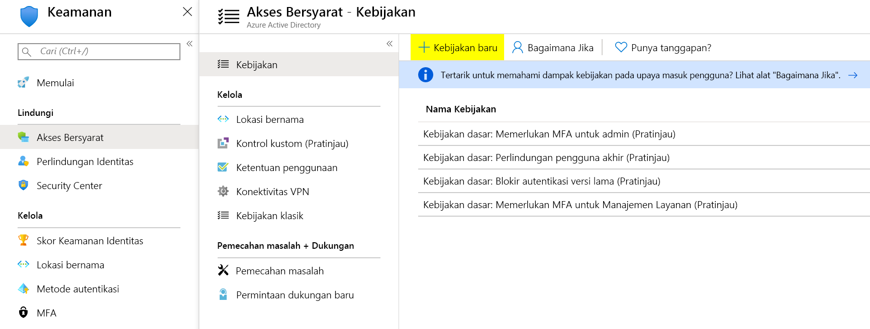 Cuplikan layar Microsoft Entra Conditional Access, mencantumkan kebijakan yang saat ini ada.
