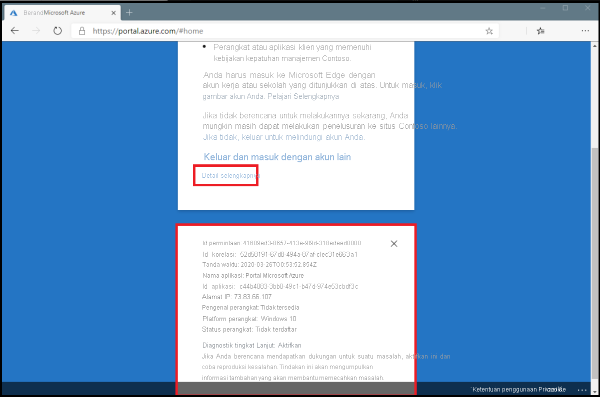 Cuplikan layar Detail selengkapnya dari Akses Bersyarat tentang masuk browser web yang terganggu.