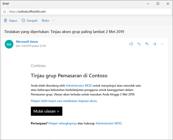 Screenshot that shows an example email from Microsoft to review access to a group.