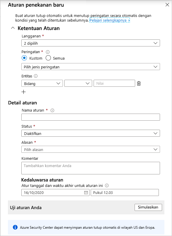 Screenshot of Defender for Cloud new alert suppression rule pane.