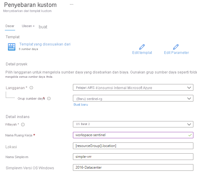 Screenshot of the custom deployment inputs for a Microsoft template.