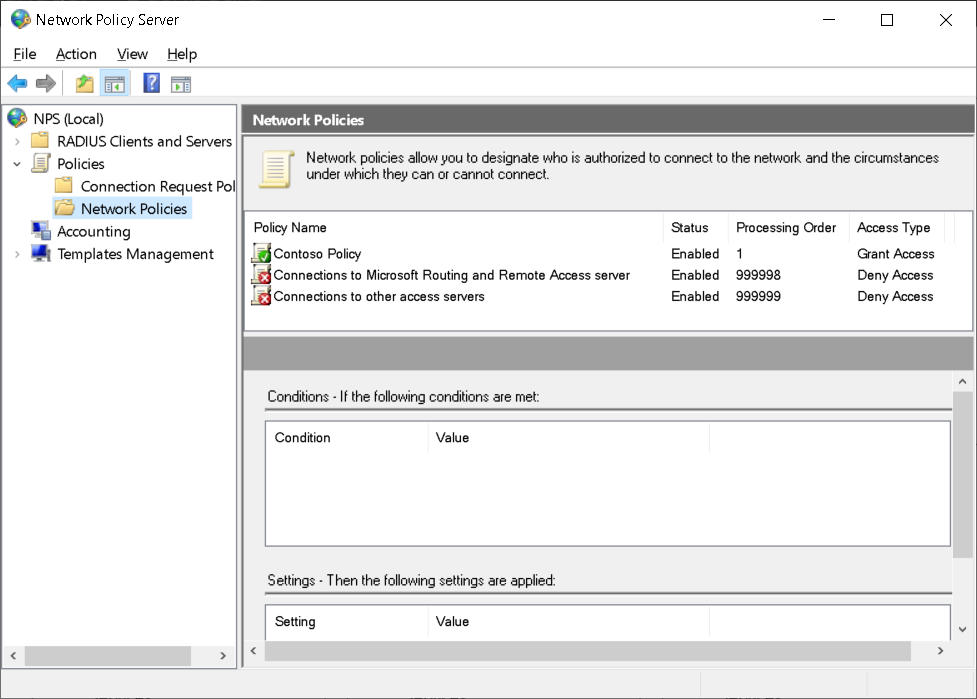 Cuplikan layar kotak dialog Server Kebijakan Jaringan. Administrator telah membuat kebijakan yang disebut Kebijakan Contoso. Kebijakan default juga terlihat.