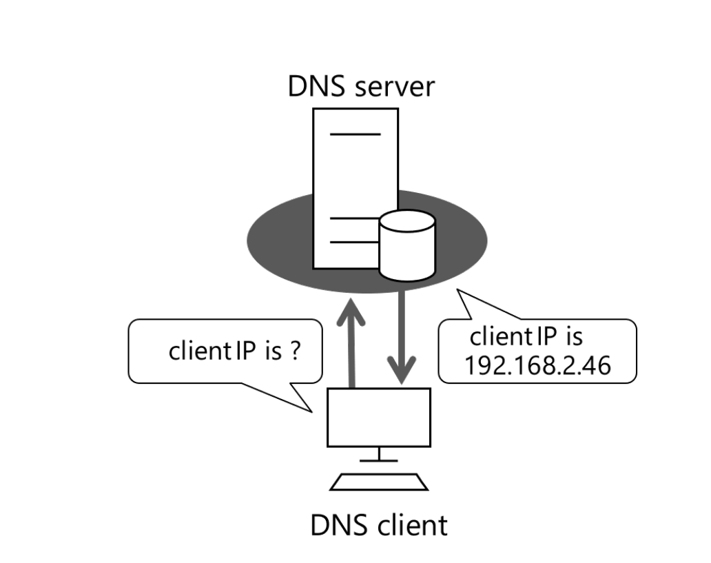 Diagram klien DNS yang meminta server DNS yang dikonfigurasi. Ini melakukan kueri sederhana untuk alamat IP yang didasarkan pada nama.