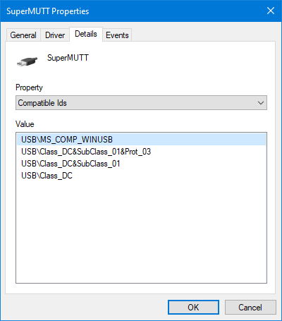 Id yang kompatibel dari Manajer Perangkat untuk perangkat WinUSB SuperMUTT
