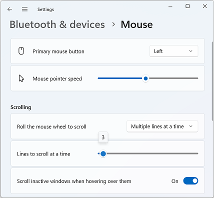 Cuplikan layar halaman Pengaturan Mouse memperlihatkan pengaturan pengguliran roda mouse.