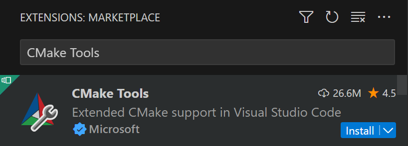 menginstal Ekstensi Alat CMake di Visual Studio Code