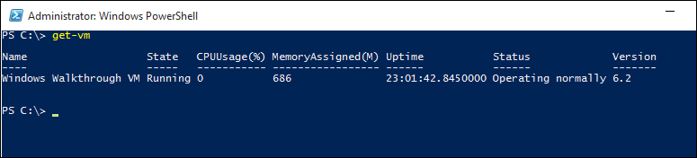 Cuplikan layar Administrator Windows Power Shell memperlihatkan output setelah memasukkan Get V M.