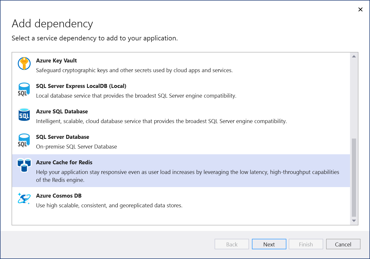 Cuplikan layar halaman Tambahkan Dependensi. Azure Cache for Redis dipilih.
