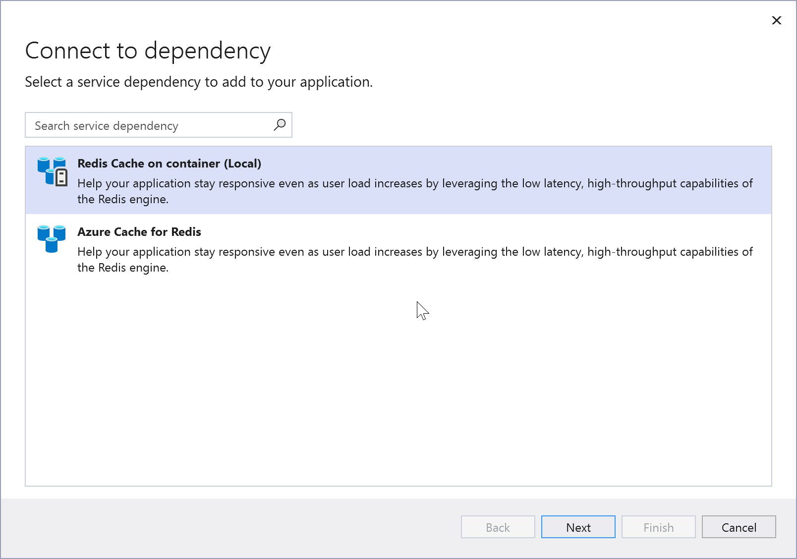 Screenshot showing Azure Cache for Redis choices