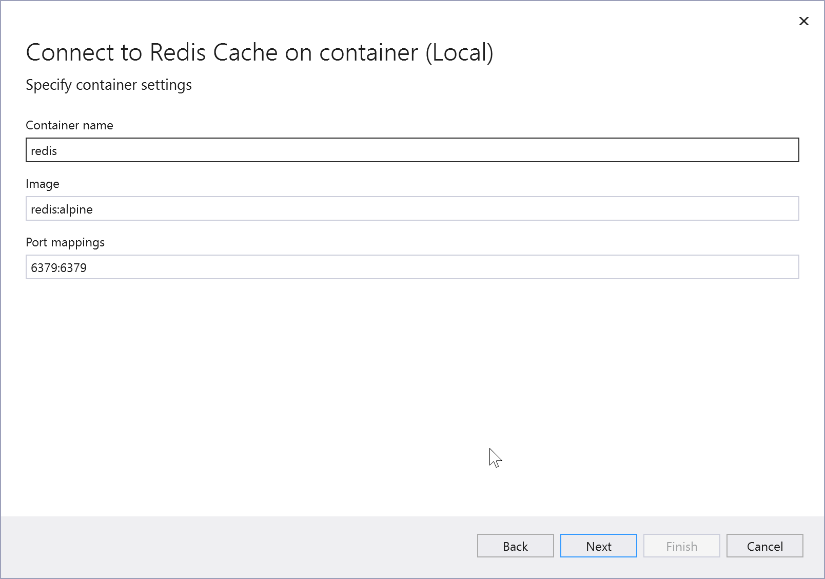 Cuplikan layar memperlihatkan opsi koneksi untuk Azure Cache for Redis dalam kontainer lokal.