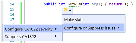 Cuplikan layar yang memperlihatkan cara mengonfigurasi tingkat keparahan aturan dari menu bola lampu di Visual Studio 2019.