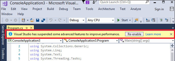 Cuplikan layar yang memperlihatkan peringatan peringatan bahwa Visual Studio meminimalkan cakupan analisis.