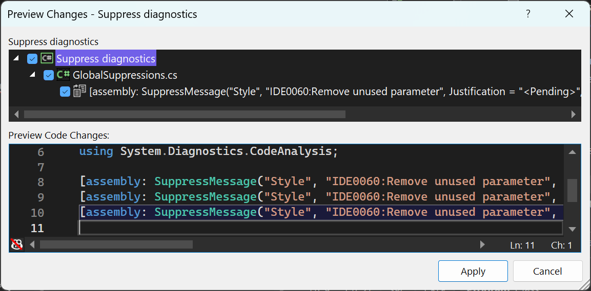 Cuplikan layar yang memperlihatkan kotak dialog Pratinjau Perubahan dengan atribut SuppressMessageAttribute dalam file supresi.